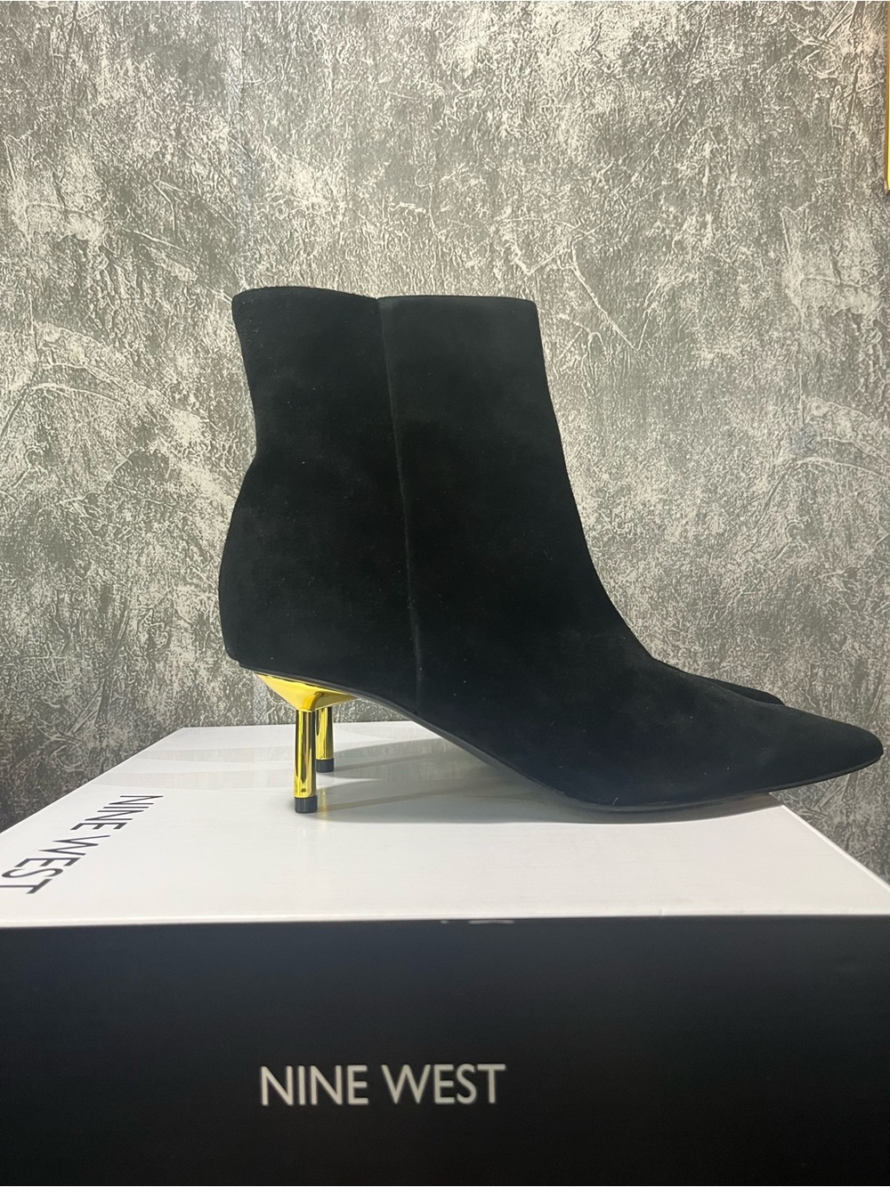 Nine West Black Suede Ankle Booties with Gold Metallic Heel
